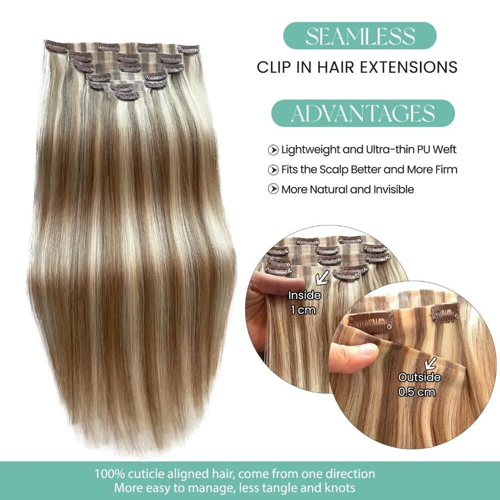 Seamless Clip in Hair Extensions Human Hair Blonde Balayage 18 Inch